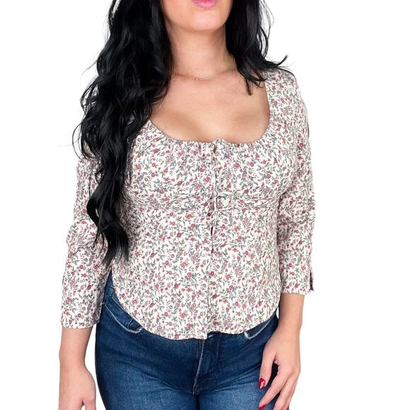 Y2k American Eagle Retro Floral Lace Up Sweetheart Top Long Sleeve Medium - Picture 3 of 7
